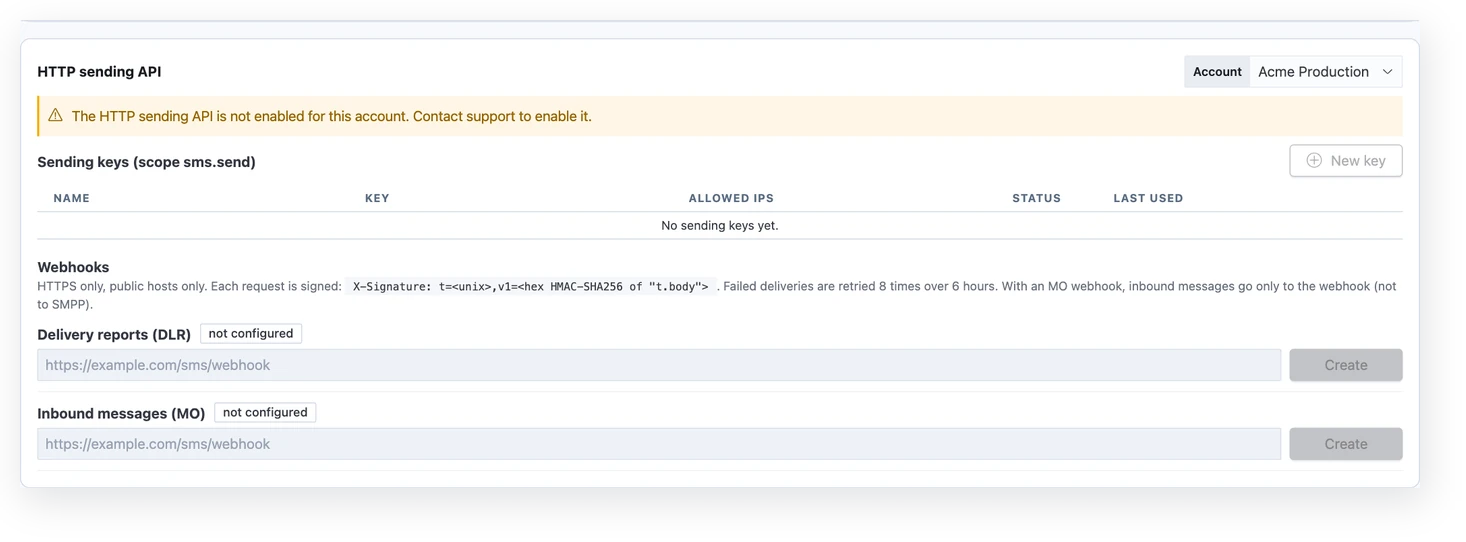 Customer portal API keys and HTTP sending API settings with sending keys and webhooks