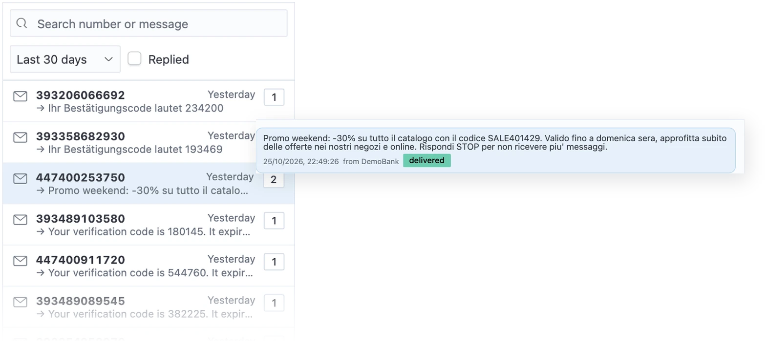 Customer portal chats: conversations grouped by phone number with the selected conversation