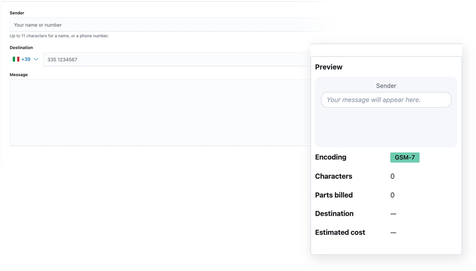 New message panel with sender, destination, message, encoding, parts billed and estimated cost